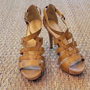 MARC FISHER brown strappy high heels.  Cork heel. Very high. Size is 7.5